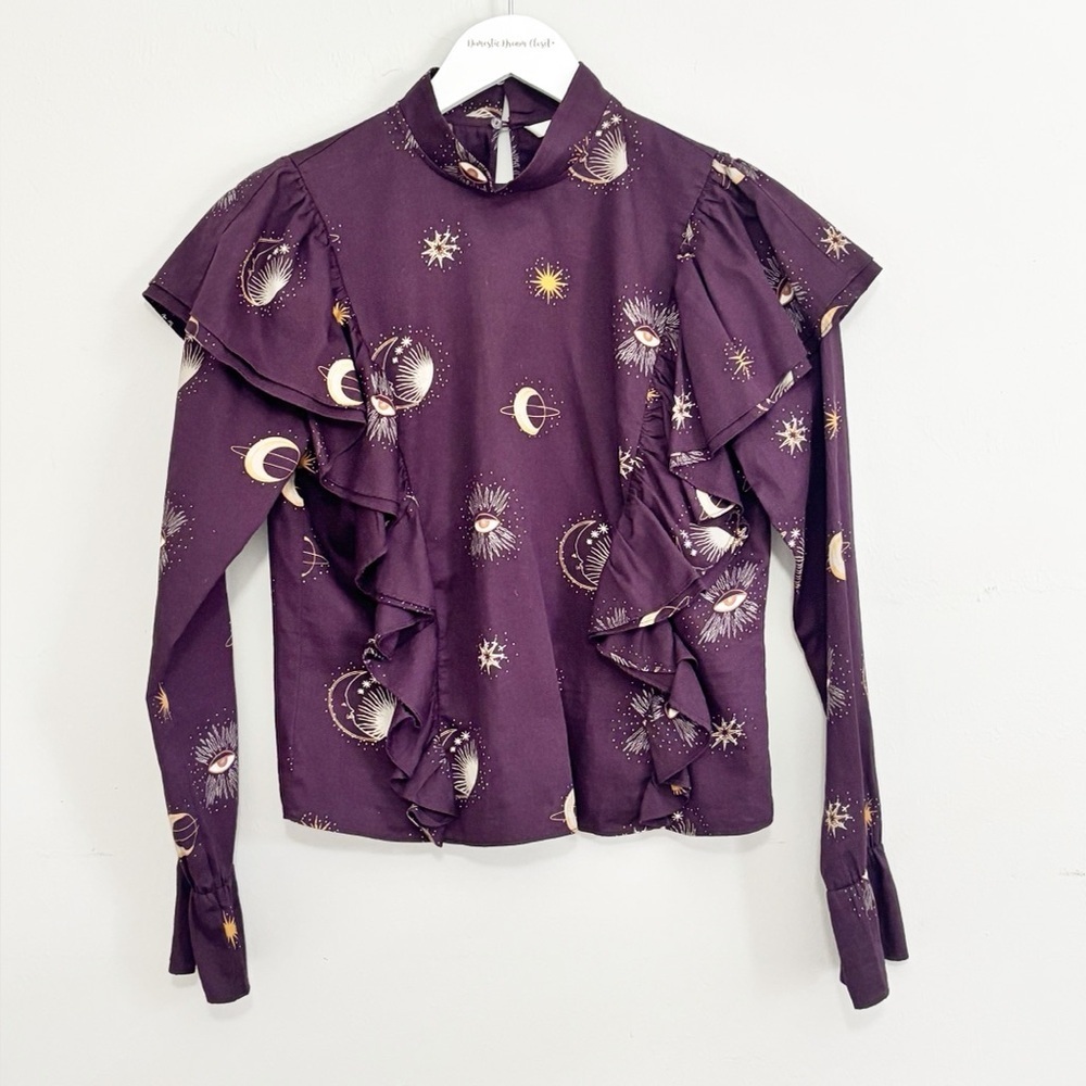 H&M Women’s Purple Evil Eye Moon Print Long Sleeve Flounced Cotton Blouse Size 8